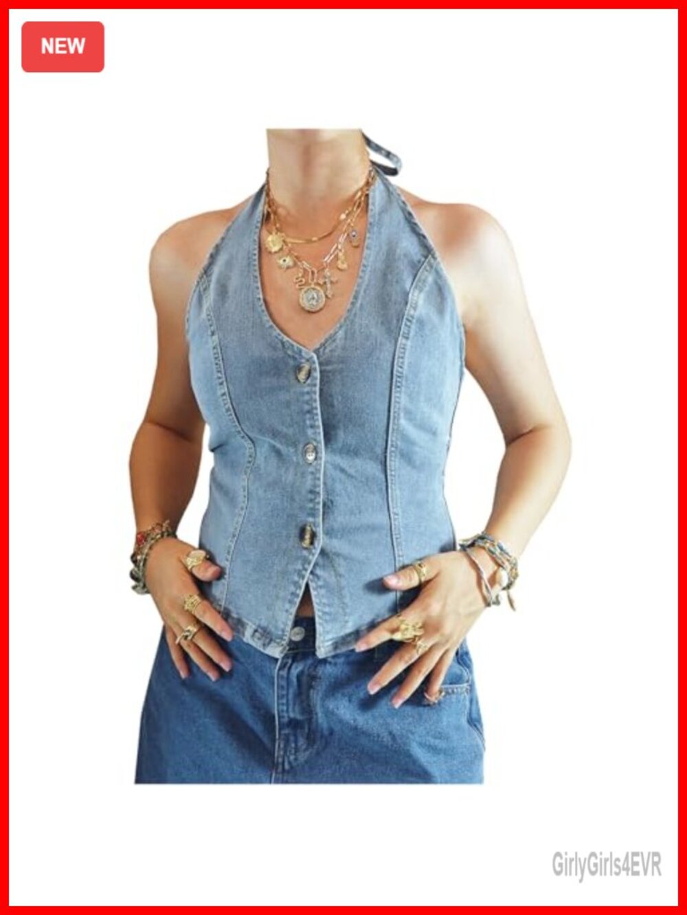 Sleeveless Denim Halter Top Backless Button Down Crop Vest V Neck Tie Back